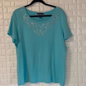 Karen Scott Short Sleeve Turquoise/Teal Blouse w/ Rhinestones Size XL